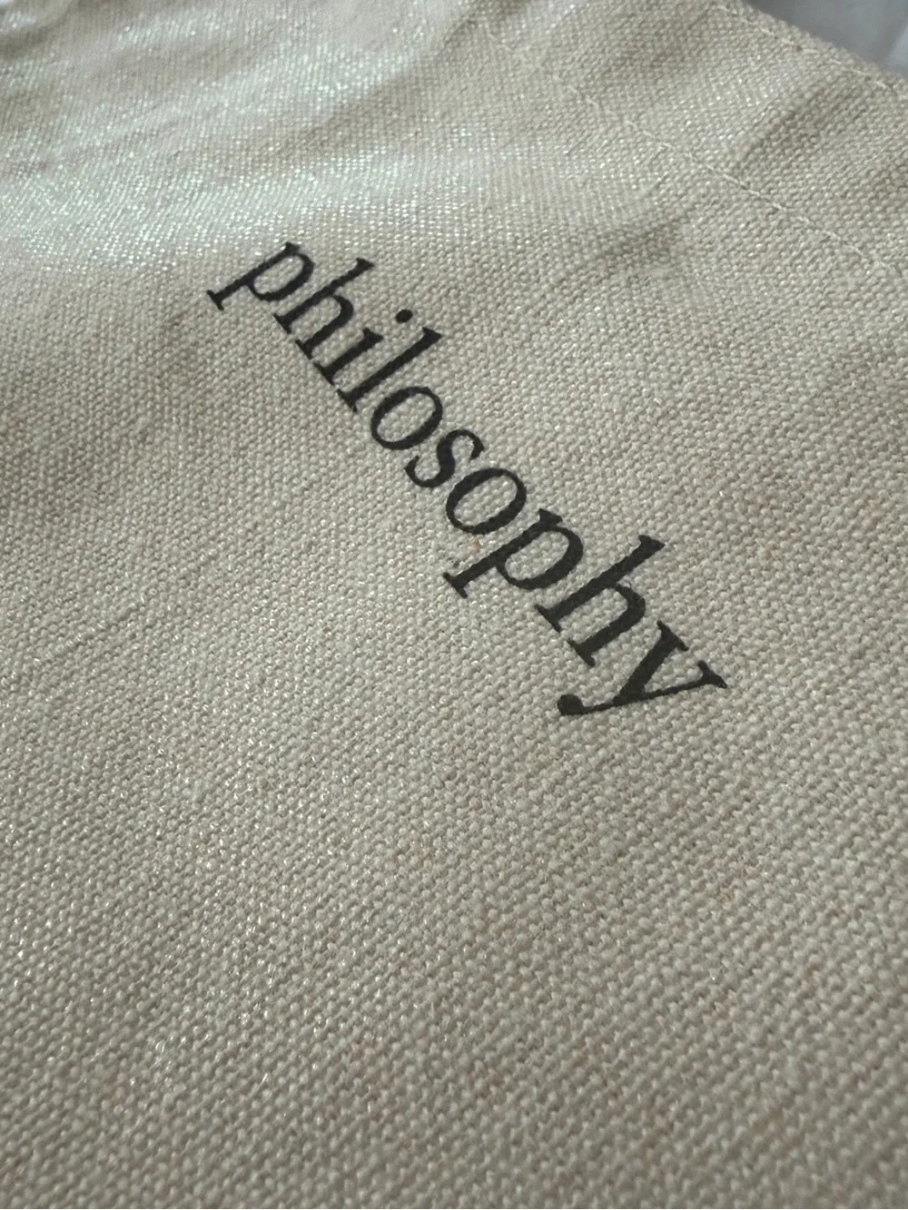 Philosophy Small Shimmer Beige Canvas Tote with Black Straps